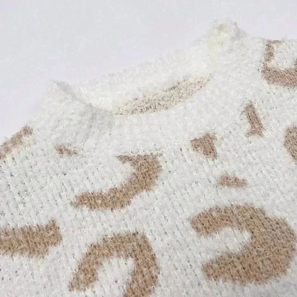 Khaki Casual Women's Leopard Pattern Drop Shoulder Sweater & Drawstring Shorts - Picture 4 of 6